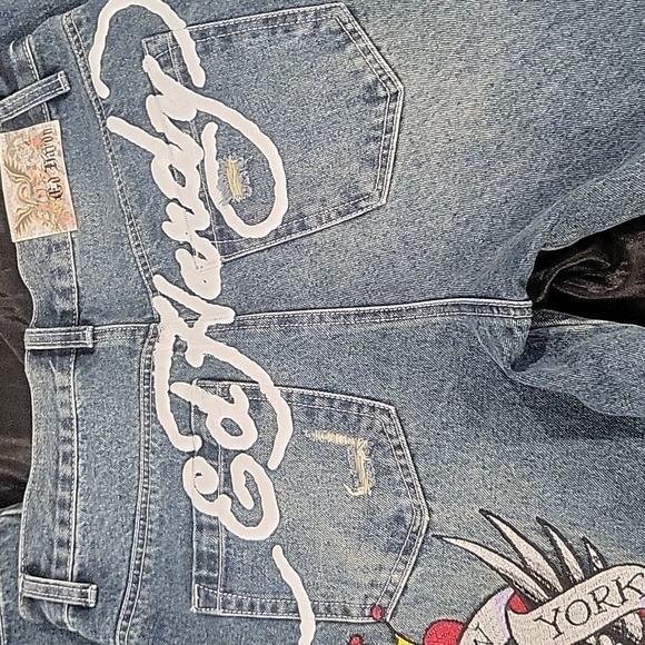 ED HARDY AUTHENTIC Embroidery Skull Painted Logo Jeans Size 30 - Picture 3 of 10